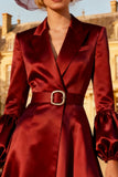 Burgundy Satin Peak Lapel Midi Blazer Dress with Belt