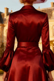 Burgundy Satin Peak Lapel Midi Blazer Dress with Belt