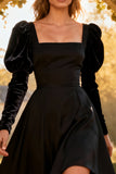 Square Neck A-Line Long Sleeves Little Black Dress