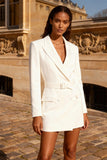 White Bodycon Peak Lapel Short Blazer Wedding Dress with Belt