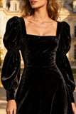 Black A-Line Square Neck Midi Velvet Holiday Party Dress