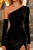 Black One Shoulder Midi Velvet Holiday Party Dress with Slit