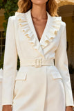 White Short Shawl Lapel Ruffled Blazer Wedding Dress with Belt