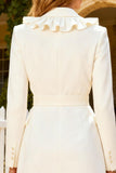 White Short Shawl Lapel Ruffled Blazer Wedding Dress with Belt