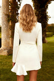 White Notched Lapel Ruffled Short Blazer Wedding Dress with Sash