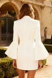 White Flutter Sleeves Peak Lapel Short Blazer Wedding Dress with Button
