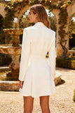 White Peak Lapel Ruched Short A Line Blazer Wedding Dress with Belt