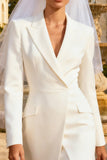 White Peak Lapel Midi Pencil Blazer Wedding Dress with Slit