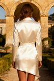 White Peak Lapel Satin Short Blazer Wedding Dress with Button