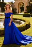Royal Blue Long Off the Shoulder A Line Prom Dress with Bow