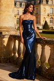 Navy Sparkly Sequin Strapless Mermaid Long Prom Dress