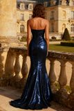 Navy Sparkly Sequin Strapless Mermaid Long Prom Dress