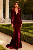 Burgundy Mermaid Velvet Long Evening Dress with Sleeves