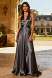 Steel Grey Halter Satin A Line Long Backless Formal Dress with Sash
