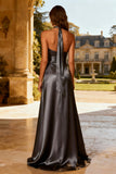 Steel Grey Halter Satin A Line Long Backless Formal Dress with Sash