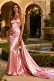 Pink Satin Mermaid Strapless Long Prom Dress with Side Cape