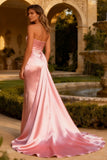 Pink Satin Mermaid Strapless Long Prom Dress with Side Cape
