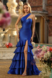 Royal Blue Ruffled Satin Mermaid Long Corset Prom Dress with Slit