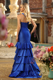 Royal Blue Ruffled Satin Mermaid Long Corset Prom Dress with Slit