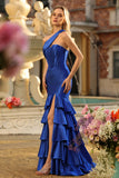 Royal Blue Ruffled Satin Mermaid Long Corset Prom Dress with Slit
