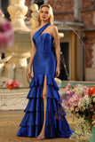 Royal Blue Ruffled Satin Mermaid Long Corset Prom Dress with Slit