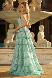 Sparkly Sage Green Tiered A Line Keyhole Long Prom Dress with Slit