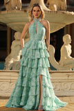 Sparkly Sage Green Tiered A Line Keyhole Long Prom Dress with Slit