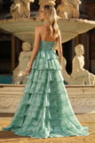 Sparkly Sage Green Tiered A Line Keyhole Long Prom Dress with Slit