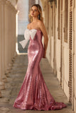 Sparkly Pink Strapless Mermaid Sequin Long Prom Dress with Bow