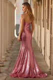Sparkly Pink Strapless Mermaid Sequin Long Prom Dress with Bow