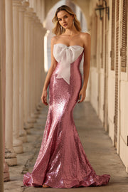 Sparkly Pink Strapless Mermaid Sequin Long Prom Dress with Bow