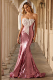 Sparkly Pink Strapless Mermaid Sequin Long Prom Dress with Bow