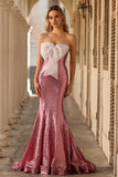Sparkly Pink Strapless Mermaid Sequin Long Prom Dress with Bow