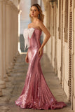 Sparkly Pink Strapless Mermaid Sequin Long Prom Dress with Bow