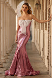 Sparkly Pink Strapless Mermaid Sequin Long Prom Dress with Bow