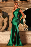 Sparkly Dark Green Ruche One Shoulder Maxi Prom Dress with Slit