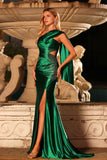 Sparkly Dark Green Ruche One Shoulder Maxi Prom Dress with Slit