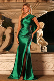 Sparkly Dark Green Ruche One Shoulder Maxi Prom Dress with Slit