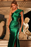 Sparkly Dark Green Ruche One Shoulder Maxi Prom Dress with Slit