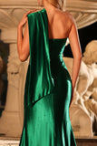 Sparkly Dark Green Ruche One Shoulder Maxi Prom Dress with Slit