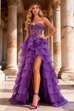 Purple Sweetheart Corset A Line Long Ruffled Prom Dress with Lace