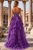 Purple Sweetheart Corset A Line Long Ruffled Prom Dress with Lace