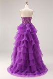 Purple Ruffled Sweetheart Long A Line Corset Prom Dress with Lace