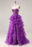 Purple Sweetheart Corset A Line Long Ruffled Prom Dress with Lace