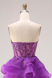 Purple Sweetheart Corset A Line Long Ruffled Prom Dress with Lace