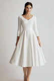 White Satin A Line V-Neck Midi Engagement Dress with Sleeves