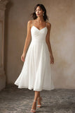 Simple White Chiffon A Line Spaghetti Straps Midi Engagement Dress