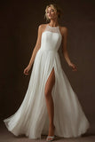 White Halter Chiffon A Line Long Rehearsal Dinner Dress with Slit