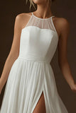 White Halter Chiffon A Line Long Rehearsal Dinner Dress with Slit