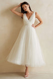 White A Line Tulle V-Neck Long Rehearsal Dinner Dress